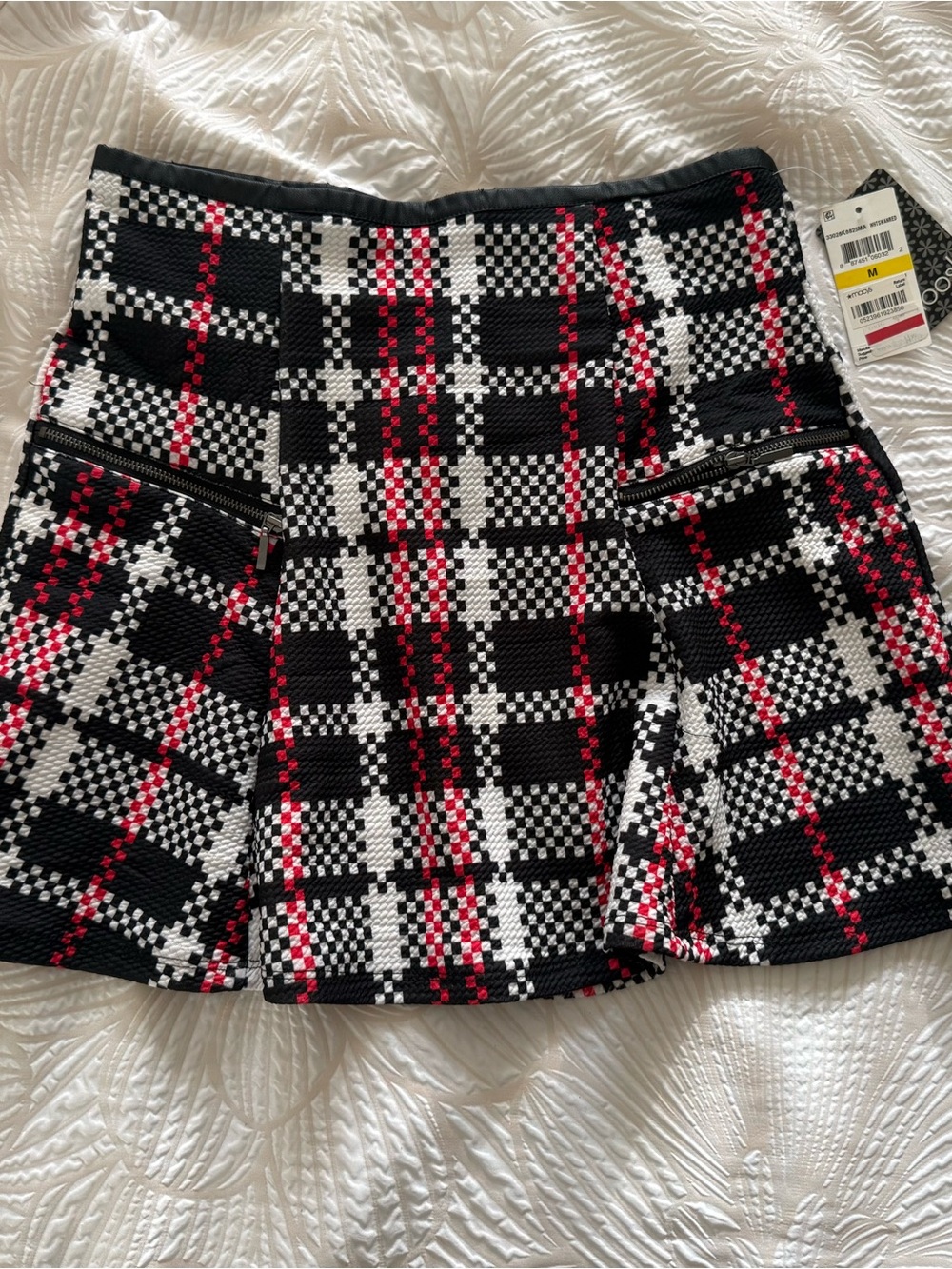 Open-Front Plaid Mini Skirt with Zip Detail - Black, White & Red
